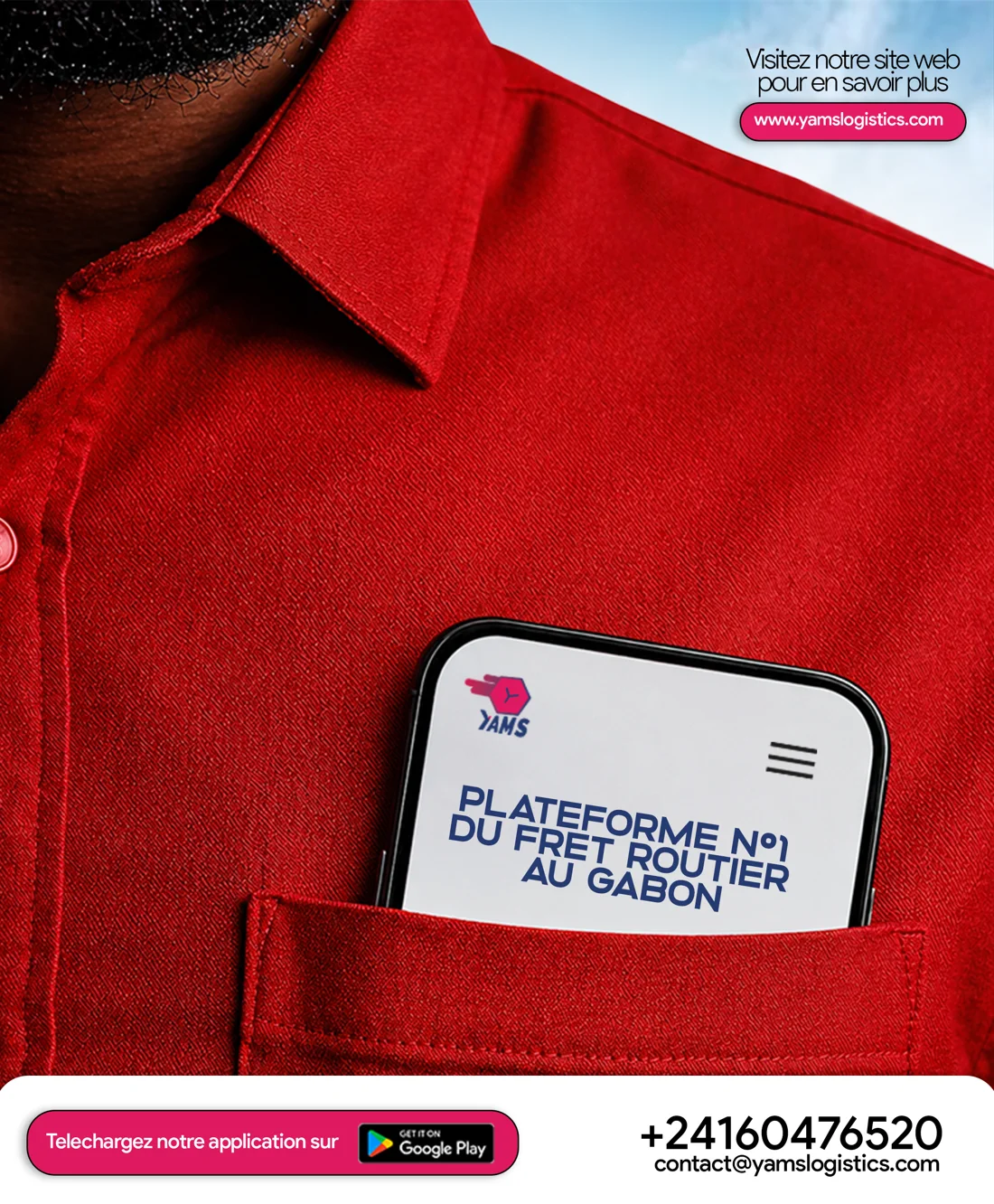 Téléphone dans la poche d’une chemise rouge affichant Yams